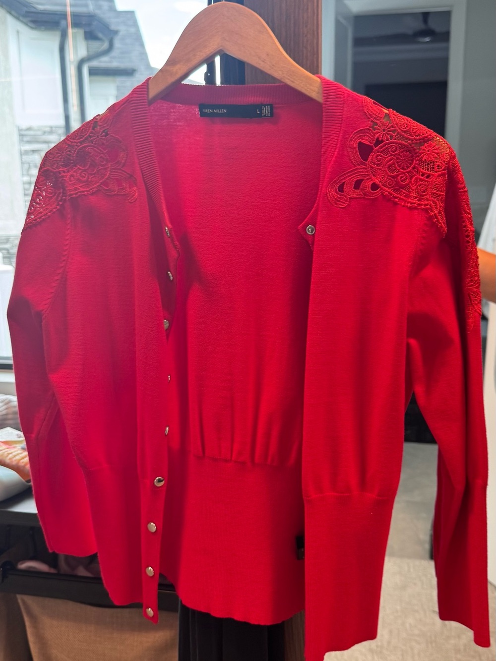 Karen Millen Red Lace-Shoulder Button Cardigan